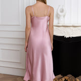 Silk V-Neck Lace Trim Slip Nightgown – Pale Pink Midi Dress