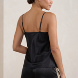 Mulberry Silk Floral Lace Camisole Set with Side Slit - Black