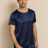 Men's Short Sleeve Mulberry Silk Pajama Set with Round Neck - Navy