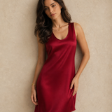 100% Mulberry Silk Sleeveless Short Nightgown – Burgundy Red