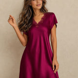 Mulberry Silk Short Lace Nightgown with Side Slit In Burgundy Red