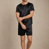 Men's Short Sleeve Mulberry Silk Pajama Set with Round Neck - Black