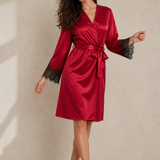 100% Mulberry Silk Lace Trim Robe In Burgundy