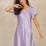 Mulberry Silk Short Lace Nightgown with Side Slit In Lilac