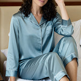 Silk Long-Sleeve Pajama Set & Eye Mask – 100% Mulberry Silk Gift Set for Women | Haze Blue