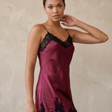 100% Mulberry Silk Lace Trim V-Neck Short Nightgown In Burgundy Red