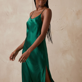 Women's Mulberry Silk Split V-Back Knee Length Slip Nightgown In Emerald Green