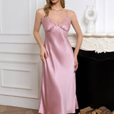 Silk V-Neck Lace Trim Slip Nightgown – Pale Pink Midi Dress