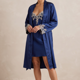 Women's Mulberry Silk Lace Nightgown & Robe Set In Navy