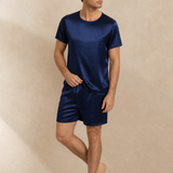 Men's Short Sleeve Mulberry Silk Pajama Set with Round Neck - Navy