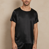 Men's Short Sleeve Mulberry Silk Pajama Set with Round Neck - Black