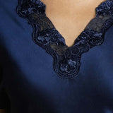 Mulberry Silk Short Lace Nightgown with Side Slit In Navy Blue
