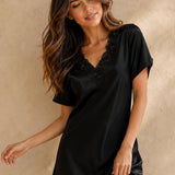 Mulberry Silk Short Lace Nightgown with Side Slit In Black