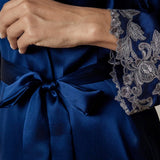 Women's 100% Mulberry Silk Robe with Lace Cuffs - Navy