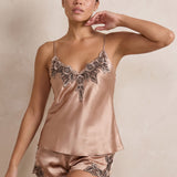 Mulberry Silk Floral Lace Camisole Set with Side Slit - Coffee
