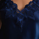 Mulberry Silk Floral Lace Camisole Set with Side Slit - Navy Blue