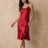 Women's Mulberry Silk Split V-Back Knee Length Slip Nightgown In Burgundy Red