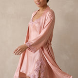 100% Mulberry Silk Lace Short Nightgown & Robe Set In Pale Pink