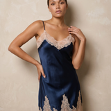 Women's Mulberry Silk Long Robe & Lace Nightgown Set In Navy Blue