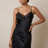 100% Mulberry Silk Lace Trim V-Neck Short Nightgown In Black