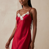 100% Mulberry Silk Criss-Cross Back Slip Nightgown In Burgundy Red
