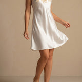 Women's Mulberry Silk Lace Trim Spaghetti Strap Nightgown In White