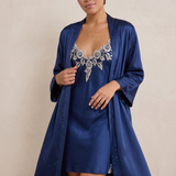 Women's Mulberry Silk Lace Nightgown & Robe Set In Navy