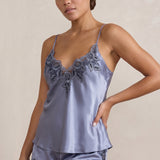 Mulberry Silk Floral Lace Camisole Set with Side Slit - Grayish Blue