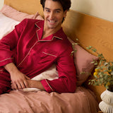 Men's Silk Long-Sleeve Pajama Set & Eye Mask Gift Set — Burgundy Red