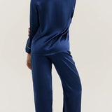 Silk Long-Sleeve Pajama Set & Eye Mask – 100% Mulberry Silk Gift Set for Women | Navy Blue