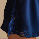 Mulberry Silk Floral Lace Camisole Set with Side Slit - Navy Blue