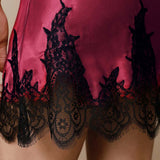 100% Mulberry Silk Lace Trim V-Neck Short Nightgown In Burgundy Red