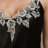 Mulberry Silk Floral Lace Camisole Set with Side Slit - Black