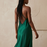 Women's Mulberry Silk Split V-Back Knee Length Slip Nightgown In Emerald Green