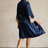 Women's Mulberry Silk Long Robe & Lace Nightgown Set In Navy Blue