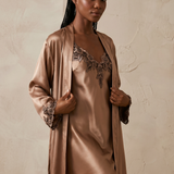 Women's Mulberry Silk Lace Nightgown & Robe Set In Coffee