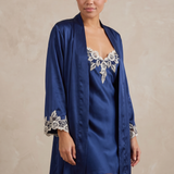 Women's Mulberry Silk Lace Nightgown & Robe Set In Navy