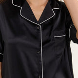 Luxury Silk Short-Sleeve Pajama Set & Eye Mask – 100% Mulberry Silk Gift for Her | Black