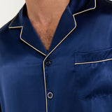 Men's Silk Long-Sleeve Pajama Set & Eye Mask Gift Set — Navy Blue