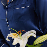 Silk Long-Sleeve Pajama Set & Eye Mask – 100% Mulberry Silk Gift Set for Women | Navy Blue