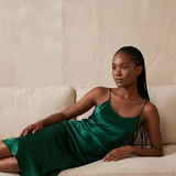 Women's Mulberry Silk Split V-Back Knee Length Slip Nightgown In Emerald Green