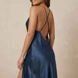 Women's Mulberry Silk Split V-Back Knee Length Slip Nightgown In Navy Blue