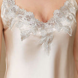 Mulberry Silk Floral Lace Camisole Set with Side Slit - Cream