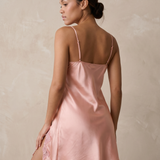 100% Mulberry Silk Lace Short Nightgown & Robe Set In Pale Pink