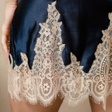 Women's Mulberry Silk Long Robe & Lace Nightgown Set In Navy Blue