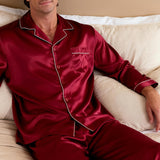 Men's Silk Long-Sleeve Pajama Set & Eye Mask Gift Set — Burgundy Red