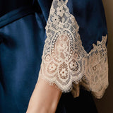 Women's Mulberry Silk Long Robe & Lace Nightgown Set In Navy Blue
