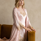 Women's Mulberry Silk Long Robe & Lace Nightgown Set In Pale Pink