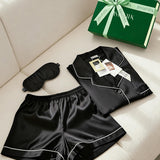 Luxury Silk Short-Sleeve Pajama Set & Eye Mask – 100% Mulberry Silk Gift for Her | Black
