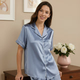 Women’s Short-Sleeve & Shorts Silk Pajama Set In Haze Blue